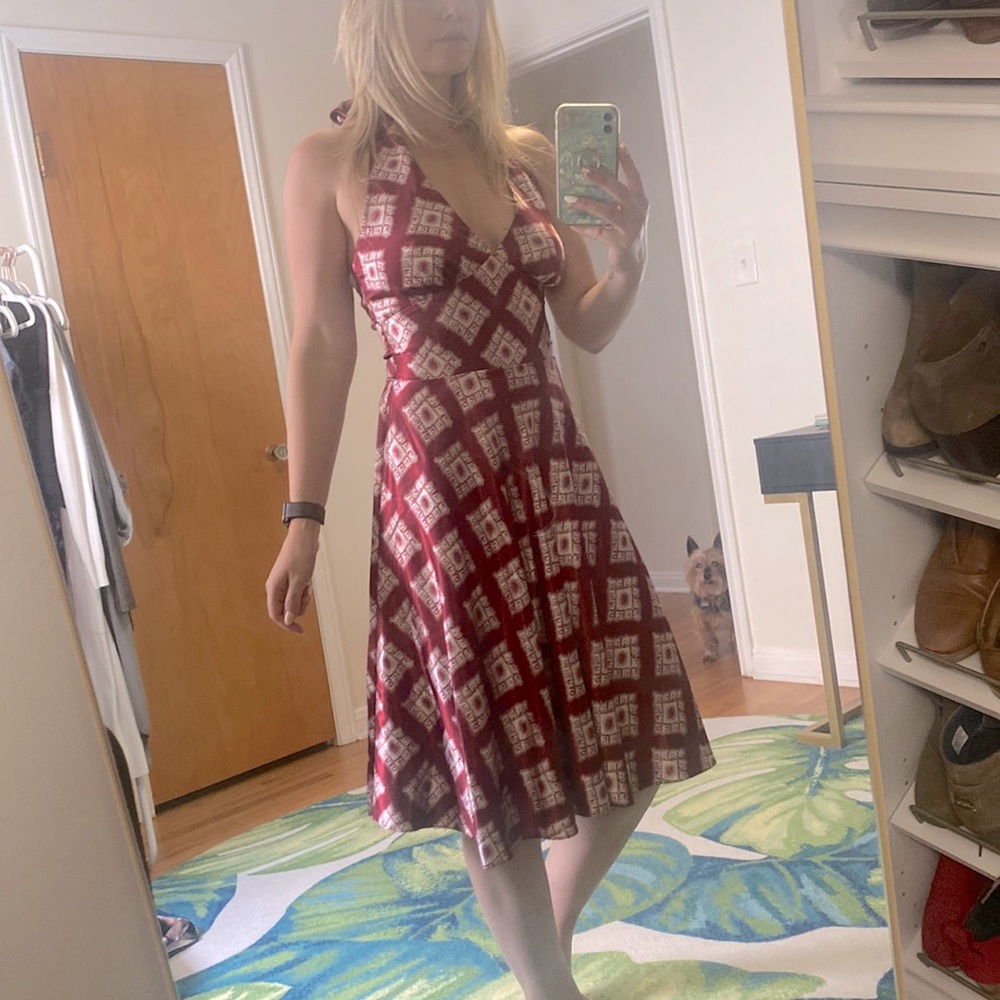Deep red and white square design satin halter dress